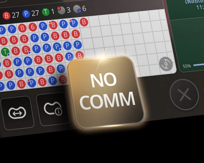 Image of an online Baccarat game interface featuring a scoreboard with colored circles indicating player and banker outcomes. A prominent button labeled 'NO COMM' is highlighted in gold.